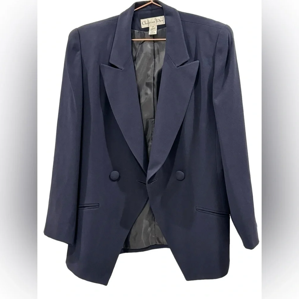CHRISTIAN DIOR Navy Blue Draped Collar Button Closure Blazer Size 10 VGUC